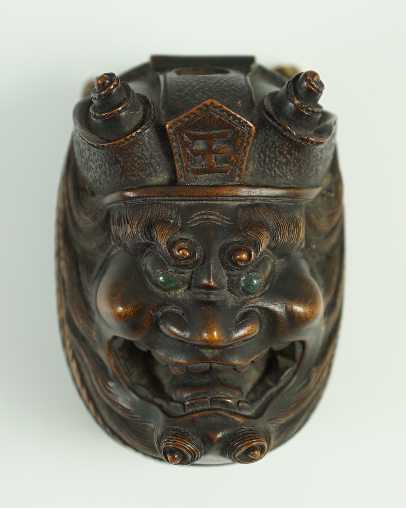 An unusual Japanese double noh mask wood container, early 20th century, 6.6 cm high, tiny losses